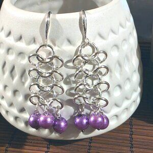 Handmade Berry Purple Glass Pearls Sterling Silver Plated Chainmaille Earrings
